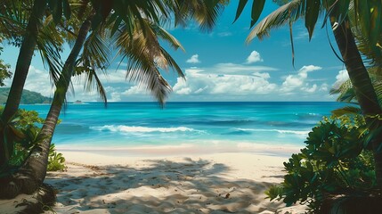 Wall Mural - An old fashioned tropical beach with a view of the turquoise sea and palm palms beneath