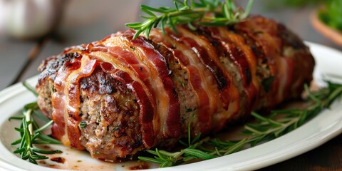 Wall Mural - Meatloaf Wrapped in Crispy Bacon on a White Plate