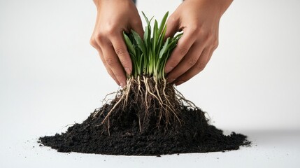 Two hands holding a young plant with visible roots above a pile of soil against a white background, suggesting gardening or planting.