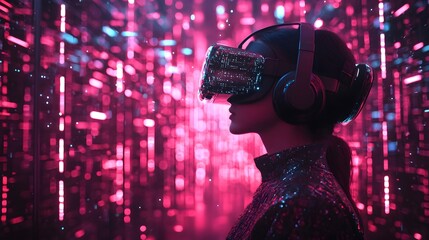 Wall Mural - Woman Wearing VR Headset and Headphones in Neon Lights.