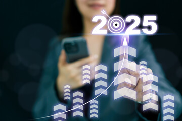 Businesswoman touching on virtual holographic or hologram buttons showing trends in 2025.