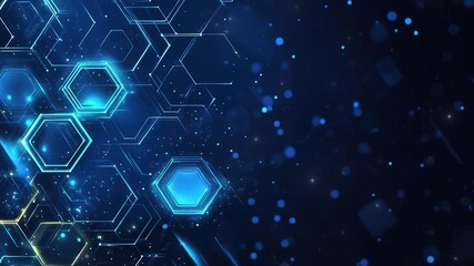 Poster - Abstract purple and blue background with a hexagon pattern for technology. Abstract futuristic geometric tech. Technology, science or business concept. Futuristic geometric pattern. Copy space area