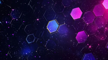 Poster - Abstract purple and blue background with a hexagon pattern for technology. Abstract futuristic geometric tech. Technology, science or business concept. Futuristic geometric pattern. Copy space area