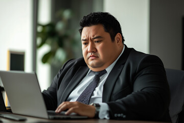 Poster - Asian man in a suit is sitting at a desk with a laptop in front of him. He is focused on his work