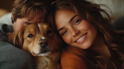 Wall Mural - young couple in love with dog resting at home indoors happy