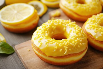 Freshly baked lemon-flavored donuts with zest topping on a wooden board
