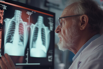 Aufkleber - man is looking at a computer monitor displaying three X-ray images of a patient's lungs