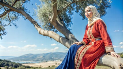 Canvas Print - moroccan model wearing a red djellaba sitting on a tree