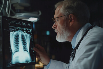 Aufkleber - man is looking at a computer monitor displaying three X-ray images of a patient's lungs