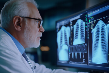 Aufkleber - doctor is looking at a computer monitor displaying a chest x-ray. A man in a white lab coat, wearing glasses, and looking at the screen. The x-ray appears to be of a patient's chest