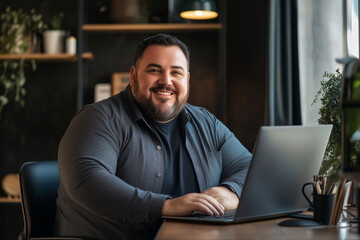 Poster - Plus size man with a beard is sitting at a desk with a laptop. He is smiling and he is happy