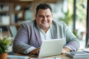 Poster -  Plus size man in suit is sitting at a desk with a laptop. He is smiling and he is happy.
