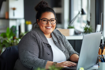Poster - Plus size woman with glasses and a big smile is sitting at a desk with a laptop and a potted plant