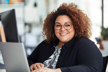 Poster - Plus size woman with glasses and a big smile is sitting at a desk with a laptop and a potted plant