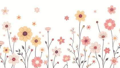 Sticker - Delicate pink and yellow flowers with stems and leaves on a white background.