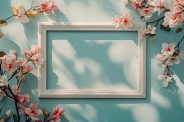 Wall Mural - White Picture Frame with Cherry Blossoms on a Light Blue Background, Floral Springtime Design with Shadows  