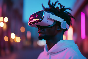 Poster - man wearing a virtual reality headset is standing in a dark room. The room is illuminated with neon lights, creating a futuristic and immersive atmosphere