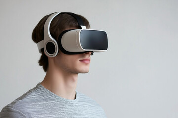 Poster - man wearing a virtual reality headset. The man is wearing headphones and is looking at the camera