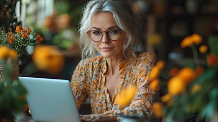 Poster - mature woman using laptop in garden working outdoors in home office