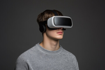 Poster - man wearing a virtual reality headset. The man is wearing headphones and is looking at the camera