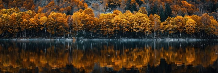 Poster - Golden autumn foliage mirrored on a tranquil riverbank