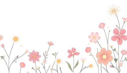 Wall Mural - Pink and White Watercolor Flowers on White Background.