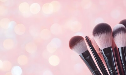 Abstract banner with makeup brushes and decorative cosmetics, Generative AI 