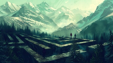 Wall Mural - A man and a woman are walking through a maze in a forest