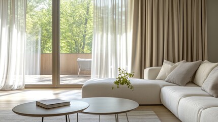 Soft, neutral-toned curtains framing a large living room window, complementing the serene decor.