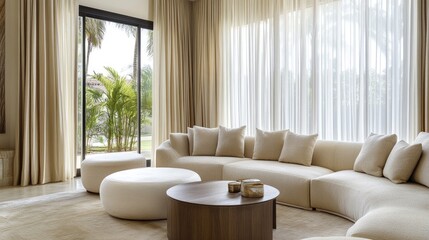 Poster - Soft, neutral-toned curtains framing a large living room window, complementing the serene decor.