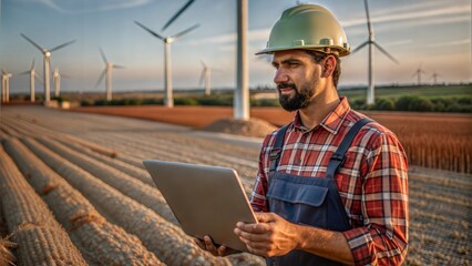 Poster -  technician in hardhat laptop in hand near windmill