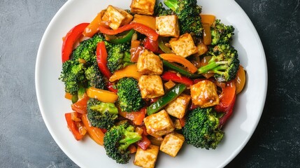 Top view of a vibrant veggie stir-fry with broccoli, bell peppers, and tofu on a white plate.