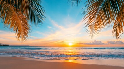 Sunset view from a tropical beach, lush palm trees framing a breathtaking sky, waves shimmer under the fading light, perfect tropical escape