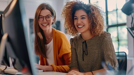 Wall Mural - Two diverse women working together in an office, using computers to create digital content for social media and marketing activities.