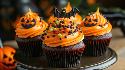 Three Halloween-themed chocolate cupcakes are displayed on a dark surface. The cupcakes are topped with vibrant orange frosting and decorated with festive items. One cupcake is adorned with a bat deco