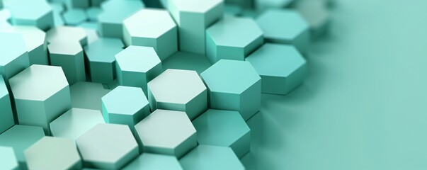 Poster - a vibrant 3d hexagon grid in shades of green and blue, with a spacious central copyspace area for te