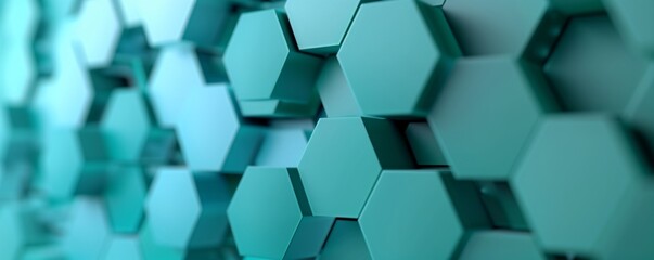 Poster - a vibrant 3d hexagon grid in shades of green and blue, with a spacious central copyspace area for te