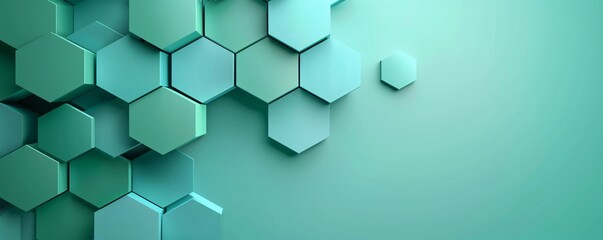 Poster - A vibrant 3D hexagon grid in shades of green and blue, with a spacious central copyspace area for text or design elements.