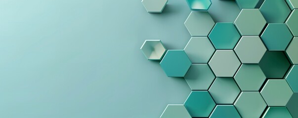 Poster - A vibrant 3D hexagon grid in shades of green and blue, with a spacious central copyspace area for text or design elements.