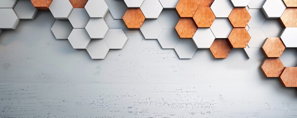 Poster - An intricate 3D hexagon pattern with a blend of warm tones, leaving a clear copyspace area in the top right corner.