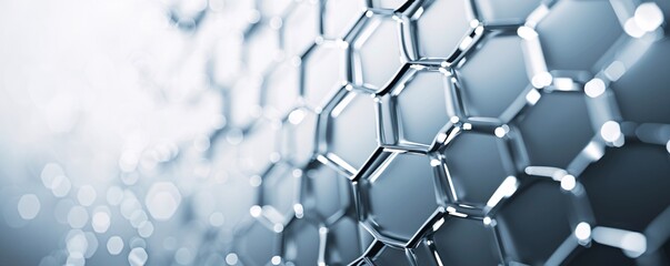 Poster - A futuristic 3D background with metallic hexagons creating a honeycomb structure, providing ample copyspace on the right side.