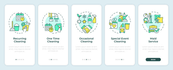 Wall Mural - Types of cleaning services onboarding mobile app screen. Walkthrough 5 steps editable graphic instructions with linear concepts. UI, UX, GUI template. Montserrat SemiBold, Regular fonts used