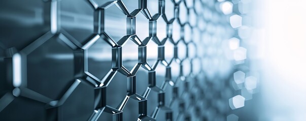 Poster - A futuristic 3D background with metallic hexagons creating a honeycomb structure, providing ample copyspace on the right side.