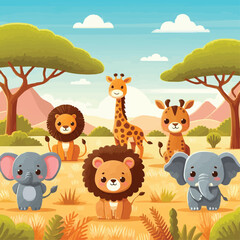 Wall Mural - Cute African Animals Stand among the Savannahs Flat vector illustration