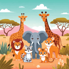 Wall Mural - Cute African Animals Stand among the Savannahs Flat vector illustration