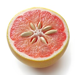 Wall Mural - Halved Pomelo Fruit Showing Pale Pink Flesh and Seeds on White Background