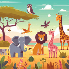 Wall Mural - Cute African Animals Stand among the Savannahs Flat vector illustration