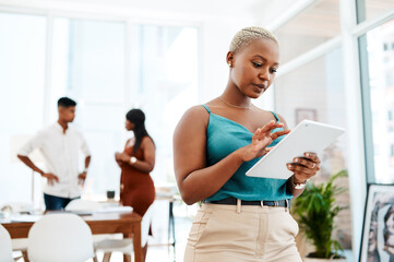 Poster - Internet, tablet and business black woman in office for planning, networking and project for web design. Creative company, digital agency and person on tech for user interface, research and website