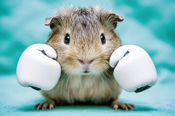 A guinea pig playfully poses with miniature boxing gloves, showcasing its charming personality in a delightful and colorful setting