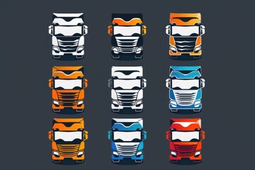 A set of colorful trucks on a dark background, suitable for use in illustrations or designs